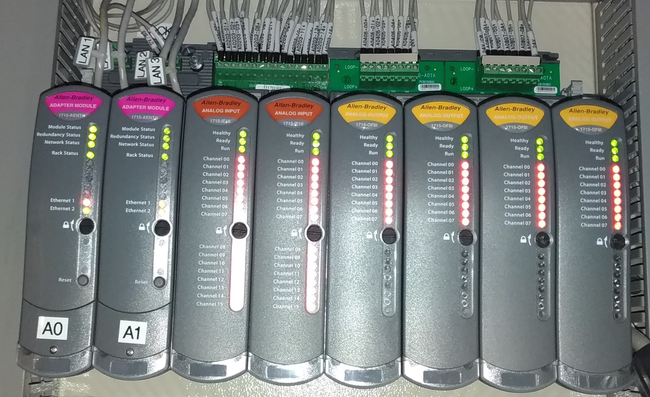 Close-up of Installed Redundant Ethernet Adapter (Pink Label) / Analogue Input (Orange Label)/ Analogue Output (Yellow Label) Modules inside the new PLC Panel After Works in DSD Stanley STW (Typical)